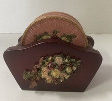 Set Of Four Vtg. Resin Coasters In A Beautiful Wooden Stand Floral
