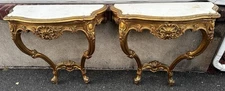 Pr Vintage Early 20th C Louis XV Style Wall Mount Giltwood Marble Console Tables