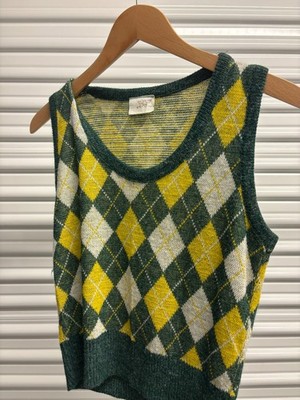 Vintage Women's Sweater Vest Green Yellow Diamond White  XS / Small Knit 80s