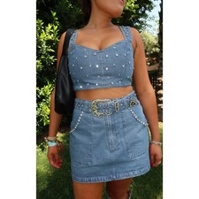 Show Me Your Mumu Shania Skirt in Indigo Rhinestone Denim L NWT