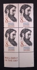 US Block  of 4 Scott #1446 Sidney Lanier - Poet 8 Cent Stamps 1971 Mail Early