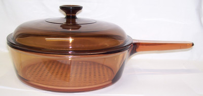 Pyrex Vision Corning Ware 10  Skillet Roaster Chicken Fryer w/ Lid, Amber Glass