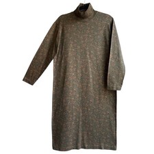 Vintage Lands End Paisley Mock Neck Midi Shift Dress 100% Cotton Green M 10-12