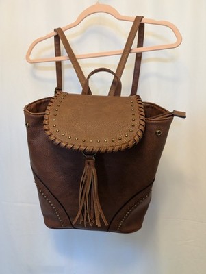 Women's Brown Faux Leather Backpack Studded Tassel Boho Shoulder Bag Purse
