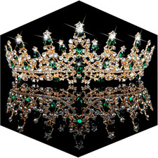 Green Crown Tiara Crystal Wedding Tiara for Women Prom Queen Headband Metal Prin