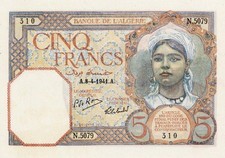 Algeria 5 Francs Currency Banknote 1941 AU