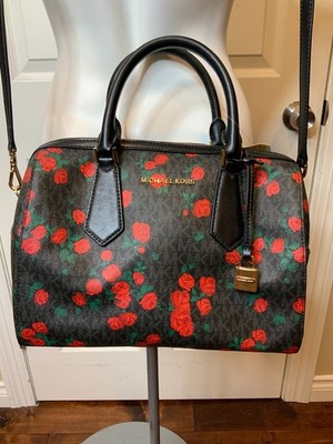 Michael Kors Hayes Black Red Rose Pebbled Leather Satchel MK
