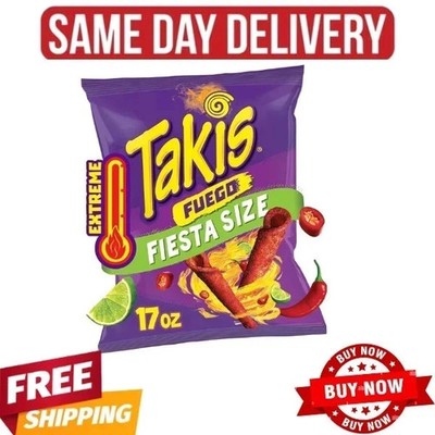 Takis Fuego 17 Oz Fiesta Size Bag Hot Chili Pepper & Lime Rolled Tortilla Chips