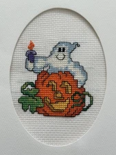 COMPLETED FINISHED CROSS STITCH CARD "HALLOWEEN PUMPKIN & BOO”