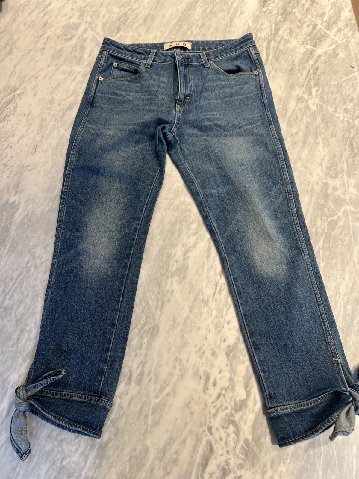 Amo Women's Blue Medium High Rise Cropped Ankle Jeans with Tie