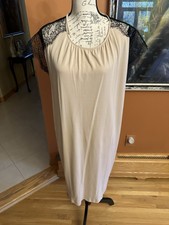 VTG LA PERLA VISCOSE TAUPE DRESS MID KNEE BLACK LACE TRIM SIZE M MADE IN ITALY