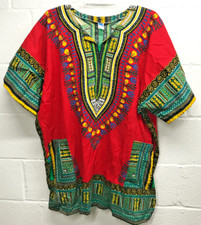 Traditional African Dashiki XXL Red/Green Short-Sleeve Cotton Pullover Shirt