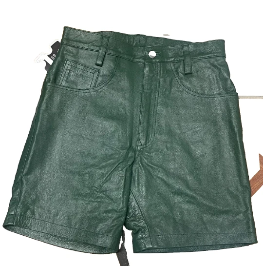 MENS,COW LEATHER SHORTS DARK GREEN CASUAL 5 POCKETS SHORTS ZIPPER FLY,
