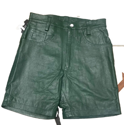MENS,COW LEATHER SHORTS DARK GREEN CASUAL 5 POCKETS SHORTS ZIPPER FLY,