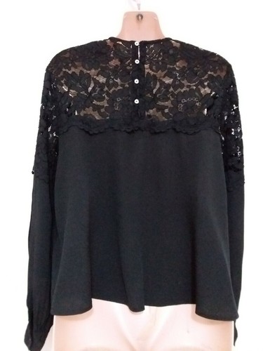 SIZE 10 WOMEN'S BLACK LONG SLEEVE 'H & M' FLORAL LACE EVENING TOP EUC - Picture 2 of 2