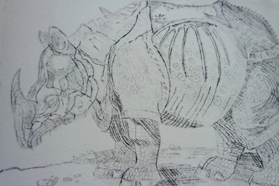 Kaltnadel-Radierung „Rhinozeros nach Albrecht Dürer“, original signiert T. Ehmke - Bild 1 von 4