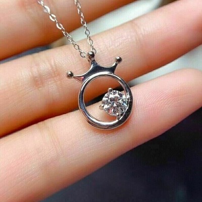 1 Ct Round Cut Natural Moissanite Queen Crown Pendant Necklace Sterling Silver