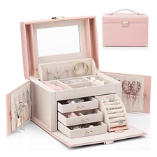 Vlando Mirrored Jewelry Box Organizer, Leather Jewelry Storage Case, Necklace...