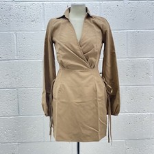 PLT CAMEL WOVEN MINI DRESS LACE UP SIDE WRAP FRONT BODYCON LONG SLEEVE BNWT UK 8