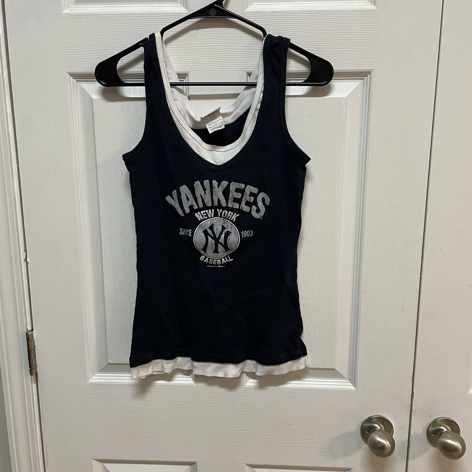 New York Yankees Tank Top Shirt Womens L Blue White Script MLB Baseball -WS1