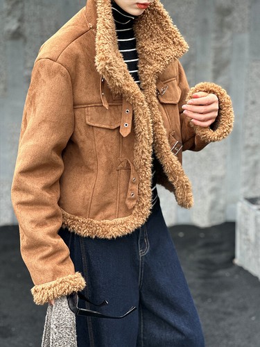 New Retro Womens Lamb Wool Fur Suede Jacket Short Fur Lining Warn Biker Jackets - Picture 12 of 25