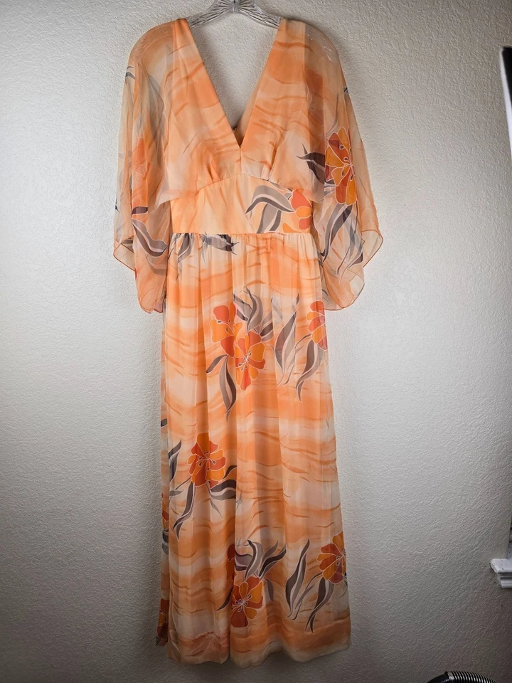 Maxi Vestido Vintage Edith Flagg - Naranja Floral Gasa Estilo Caftán - Talla Pequeña Foto 4 de 4
