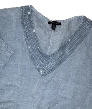Saks Fifth Avenue Top Women’s M Blue Sequins Linen Lagenlook Boho Made In Italy