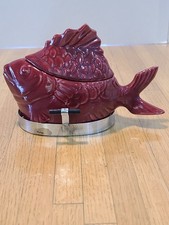 Vintage Bauer Pottery Maroon Chicken of the Sea Tuna Salad Baker Server W/Stand