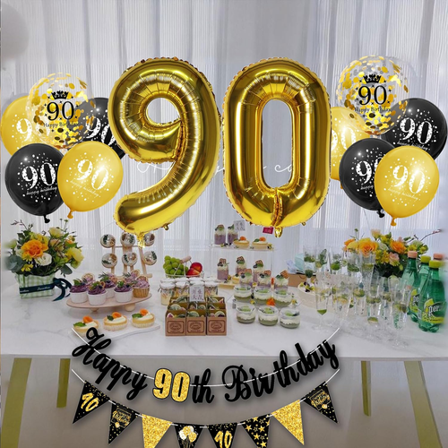 90. Geburtstag Party Deko für Männer Frauen schwarz und gold, schwarz gold Happy B - Bild 7 von 12