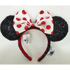 Disney Parks Classic Red Polka Dot Bow Black Sequin Minnie Mouse Ear Headband