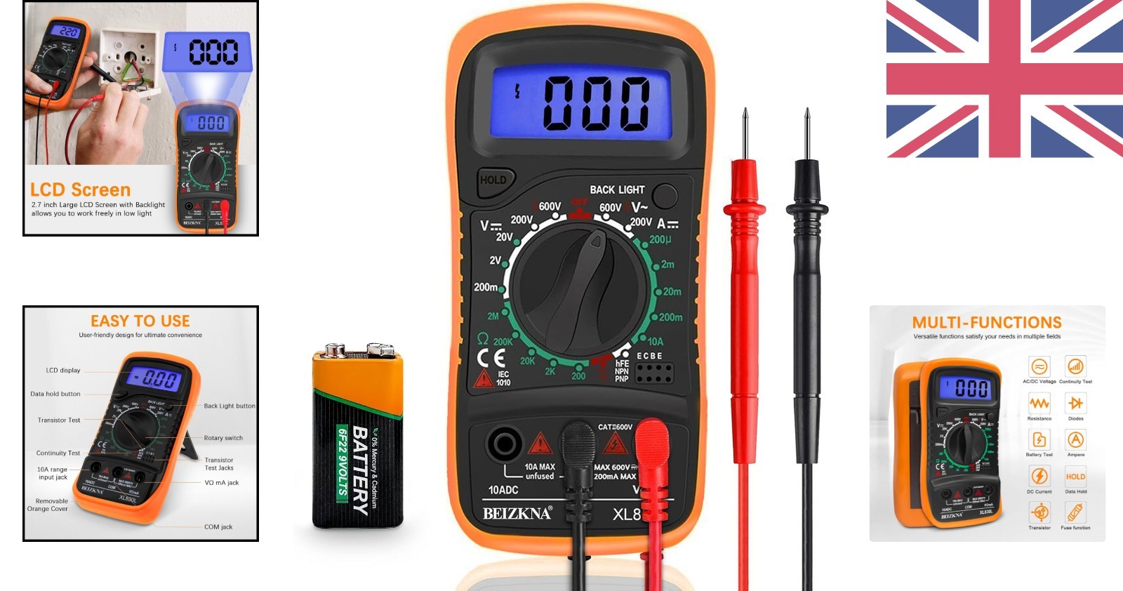 7-in-1 Digital Multimeter with Backlit LCD - Black-Orange Compact Tester