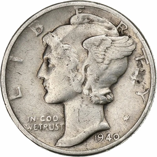 [#197714] United States, Dime, Mercury, 1940, U.S. Mint, Silver, EF, KM:140