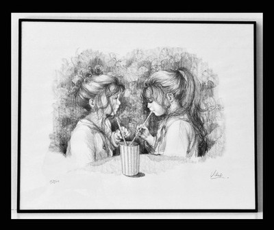 Mary Vickers Signed LE Print Girls Sharing Milkshake Framed 122/200