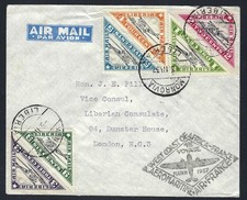 Liberia # C3A-F 1937 Couverture pour Londres Premier Vol (Voir Description) Triangle