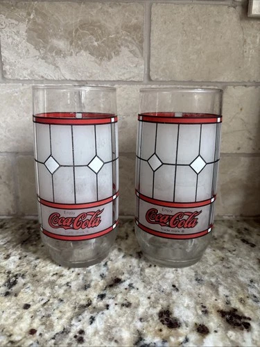 Set of 2 Vintage Coca-Cola Drinking Glasses Tiffany Frosted Stained Glass Style