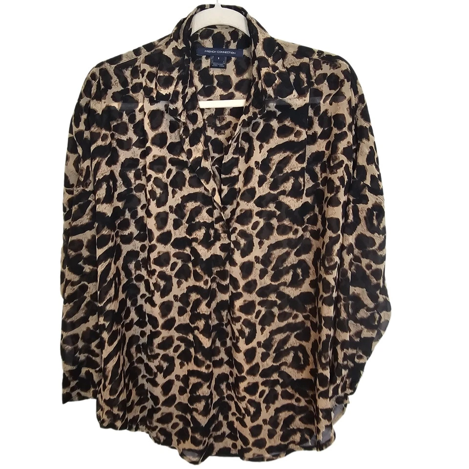 Camisa French Connection Leopardo Camisa Abotonada Mujer S Marrón Manga Larga Top