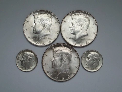 Lot of 3 1964 Kennedy Half Dollar & 2 Dimes 90% Silver Coins = 1 Troy oz Silver+