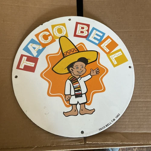 VINTAGE DATED 1962 12” TACO BELL PORCELAIN METAL SIGN GAS & OIL