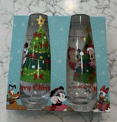 NIB Disney Mickey Mouse Christmas Set of 2 9oz Stemless Flute Glasses
