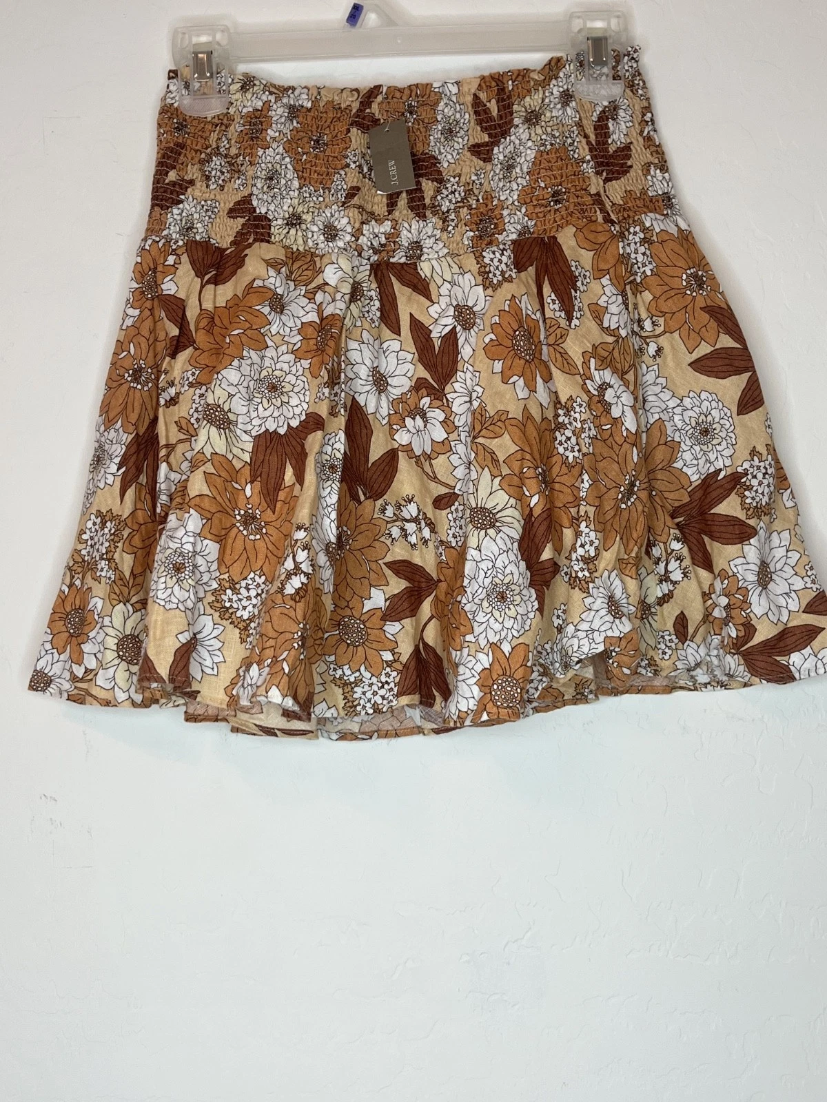 J Crew Women's Linen Smocked Mini Skirt Brown Floral Size Medium Boho Zinnia