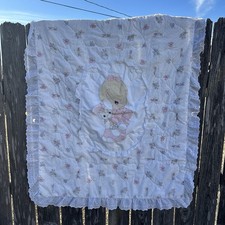 Vintage Precious Moments Baby Quilt Blanket Floral Girl W/ Bunny Bows look 
