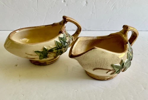 Vintage McCoy Pottery Sugar & Creamer Set English Ivy Pattern Ivory & Green