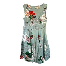 M Grace Karin~green Floral Print Dress~Fit N Flare~ A-Line Retro Bird Butterfly