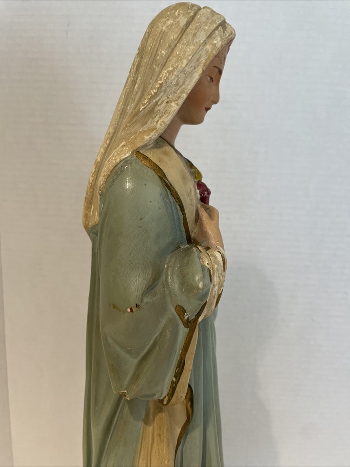 ANTIQUE PLASTER CATHOLIC STATUE VIRGIN MARY FLAMING SACRED HEART 18