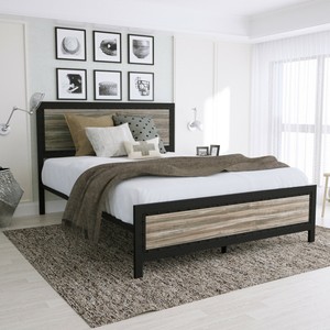 Queen Full Size Metal Platform Bed Frame With Rustic Wood