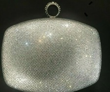 New Silver Crystal Evening Clutch Bag 6''wx 5'' With Crystal Ring Closure