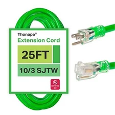 25 Foot Outdoor Extension Cord- 10/3 SJTW Neon Green 10 Gauge Cable with 3 Prong