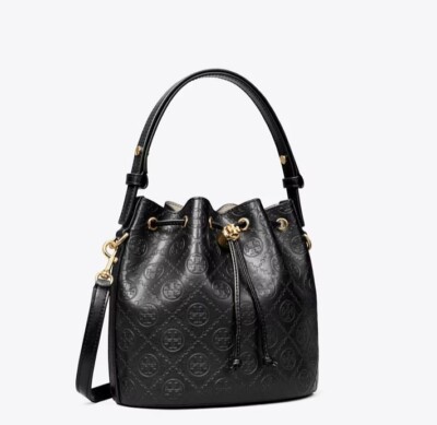 TORY BURCH T monogram logo leather bucket crossbody bag - Black (Has flaw)