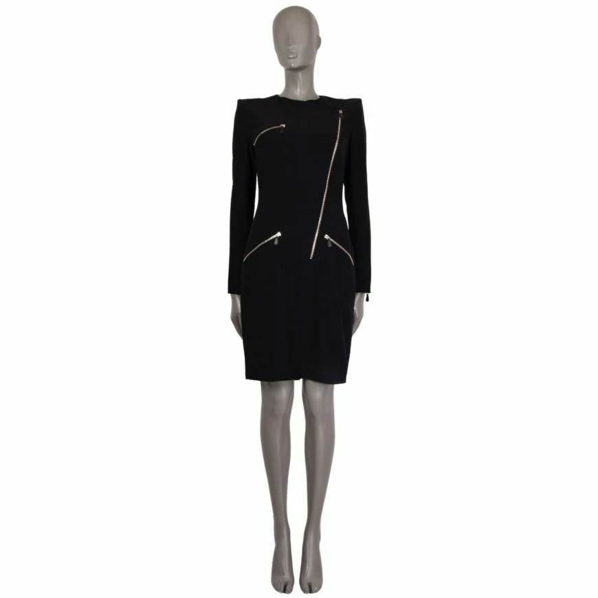 58913 auth Alexander McQueen black ZIPPER Long Sleeve Dress 42 M