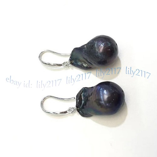 Natural Reborn Keshi Black Baroque Freshwater Pearl Necklace Earrings Set 18'' - Picture 9 of 10